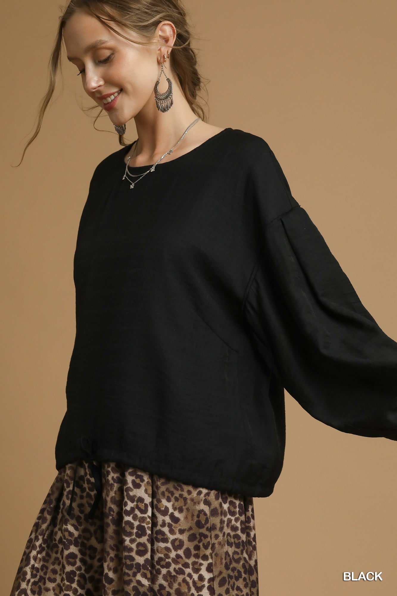 Deena Long Sleeve Drawstring Waist Blouse Top