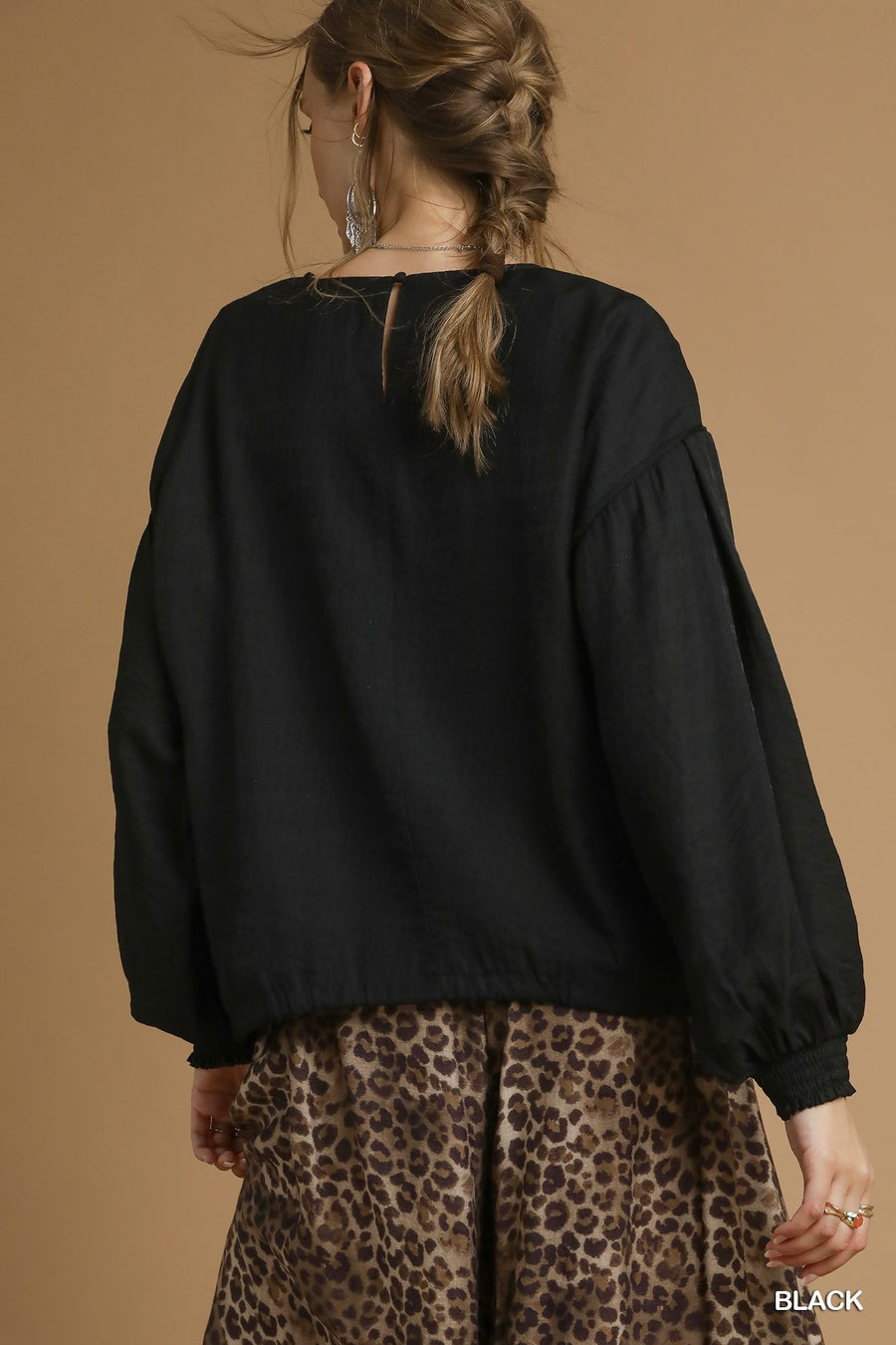Deena Long Sleeve Drawstring Waist Blouse Top