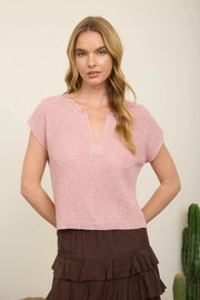 Alana Split Neck Cap Sleeve Ribbon Knit Pullover