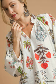Fall Fling Botanical Floral Print Puff Sleeve V-Neck Blouse Top