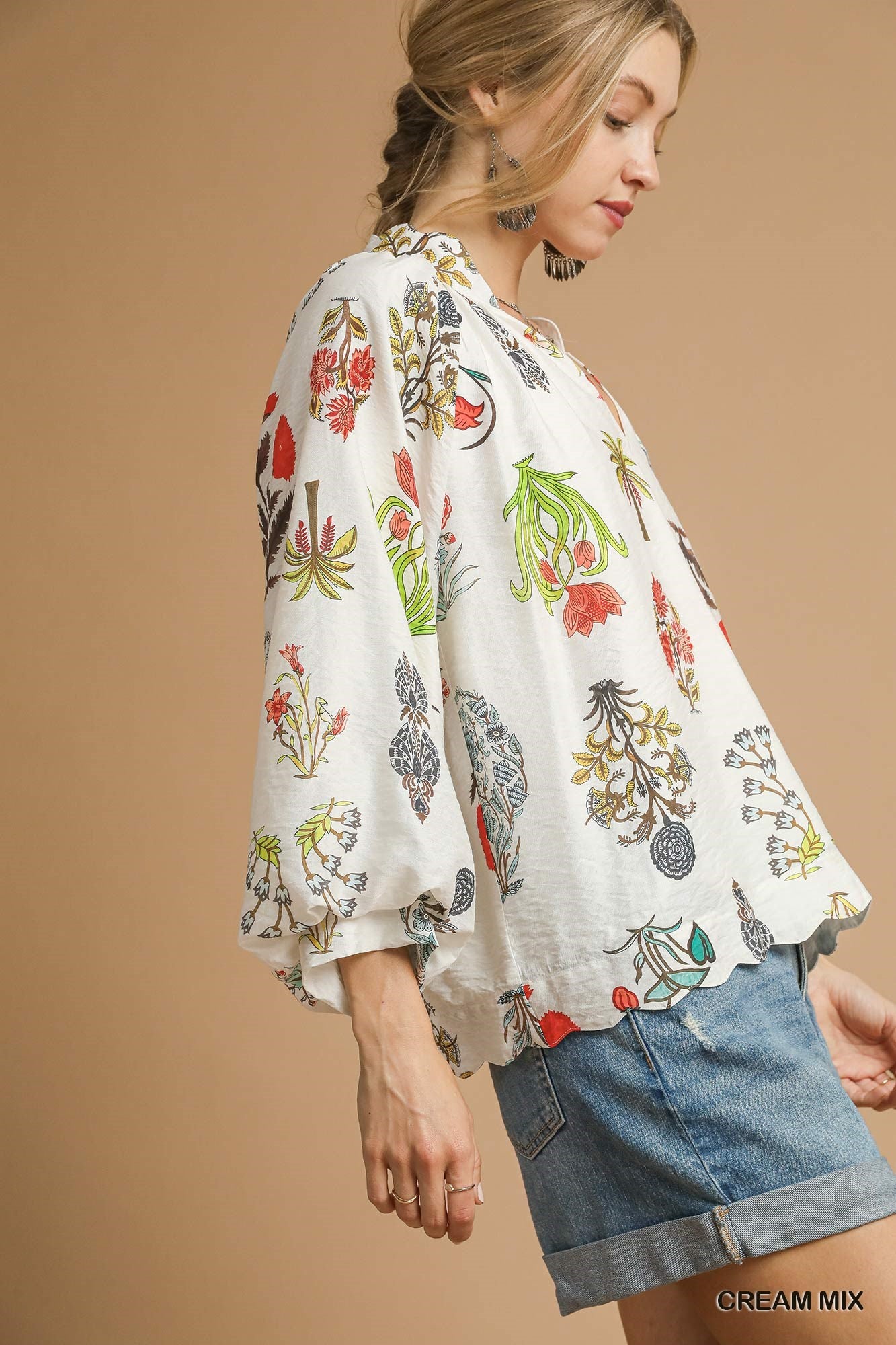 Fall Fling Botanical Floral Print Puff Sleeve V-Neck Blouse Top