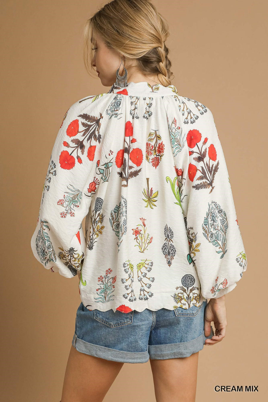 Fall Fling Botanical Floral Print Puff Sleeve V-Neck Blouse Top