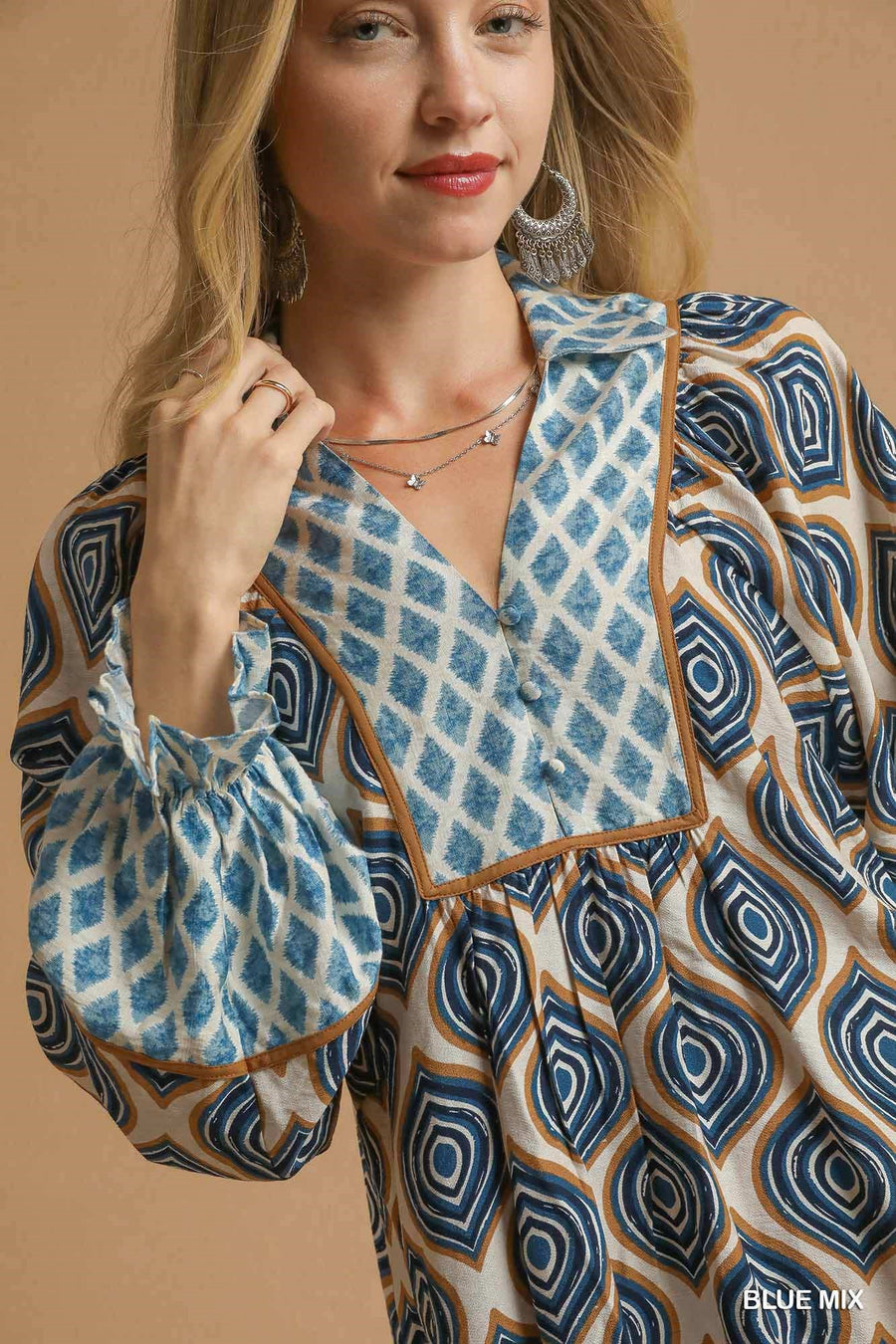 Shibani Geometric Print Boho Tunic Mini Dress