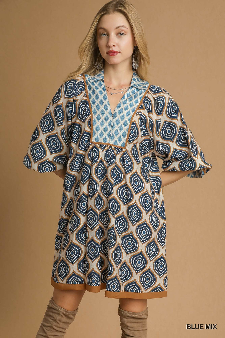 Shibani Geometric Print Boho Tunic Mini Dress