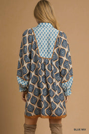 Shibani Geometric Print Boho Tunic Mini Dress