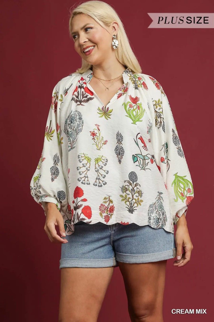 Fall Fling Botanical Floral Print Puff Sleeve V-Neck Blouse Top