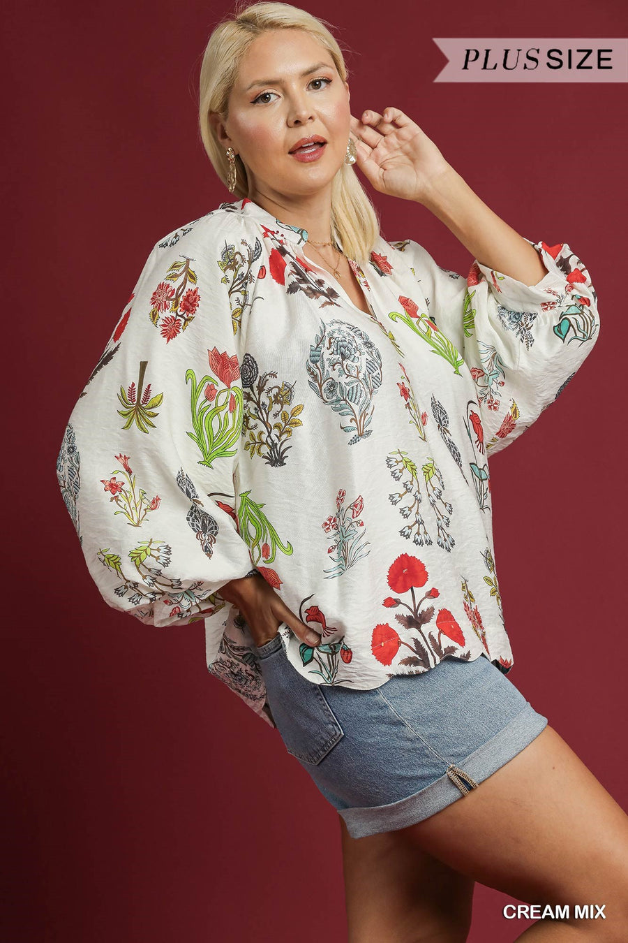Fall Fling Botanical Floral Print Puff Sleeve V-Neck Blouse Top
