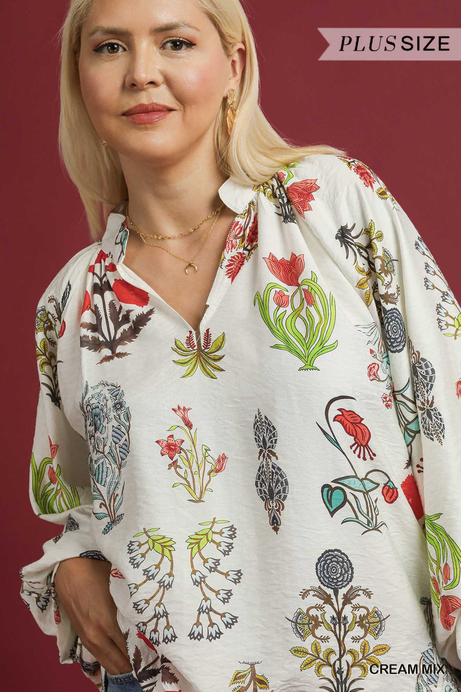 Fall Fling Botanical Floral Print Puff Sleeve V-Neck Blouse Top