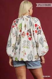 Fall Fling Botanical Floral Print Puff Sleeve V-Neck Blouse Top