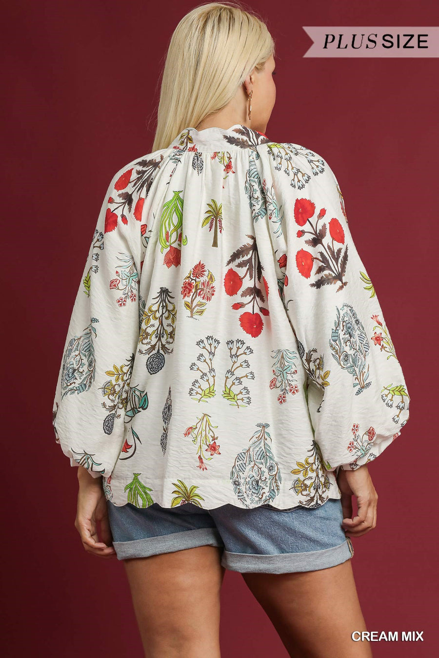 Fall Fling Botanical Floral Print Puff Sleeve V-Neck Blouse Top