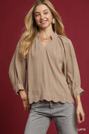 LaRissa Puff Sleeve V-Neck Linen Blouse Top
