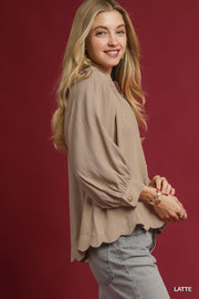 LaRissa Puff Sleeve V-Neck Linen Blouse Top
