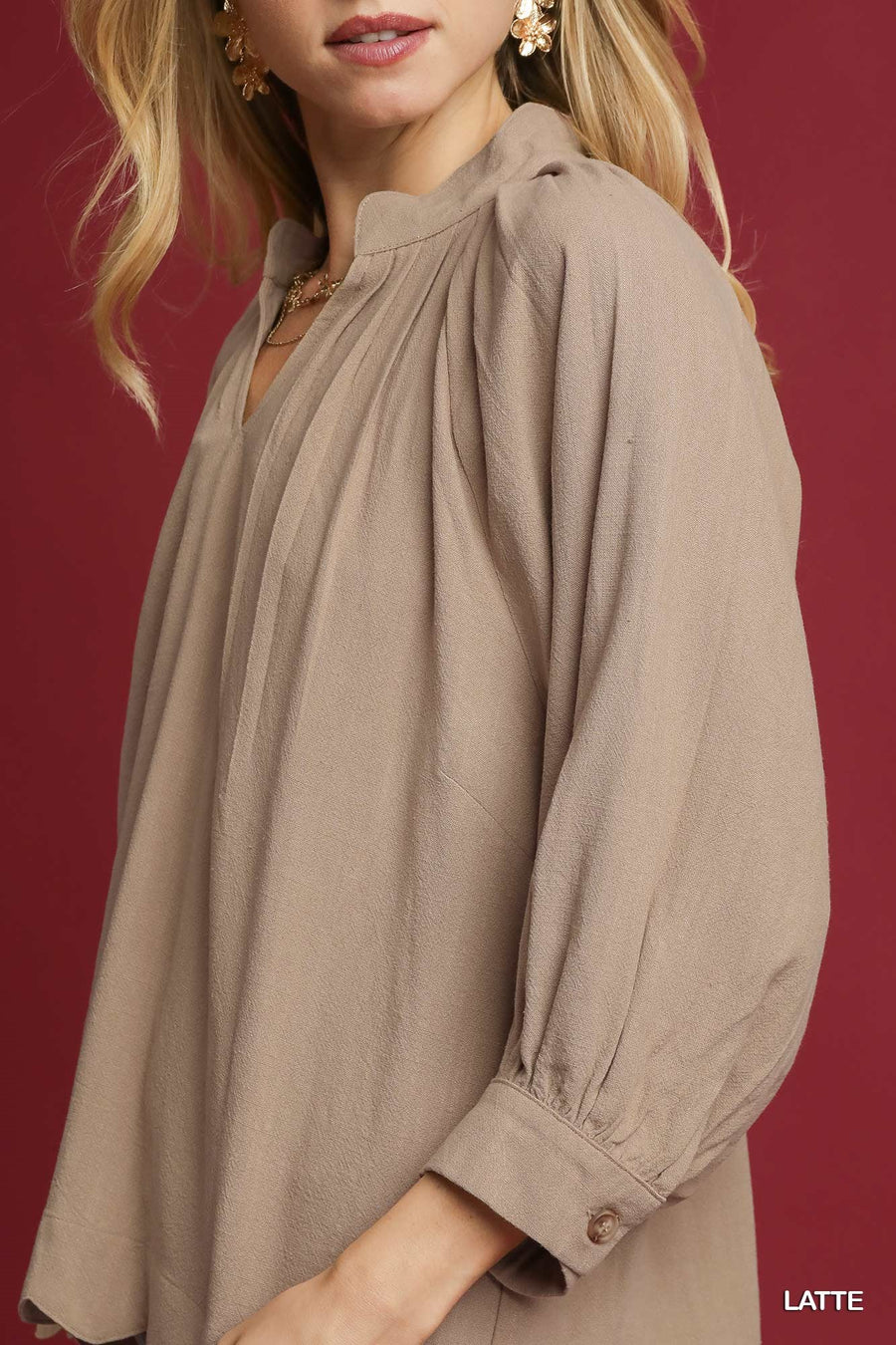 LaRissa Puff Sleeve V-Neck Linen Blouse Top