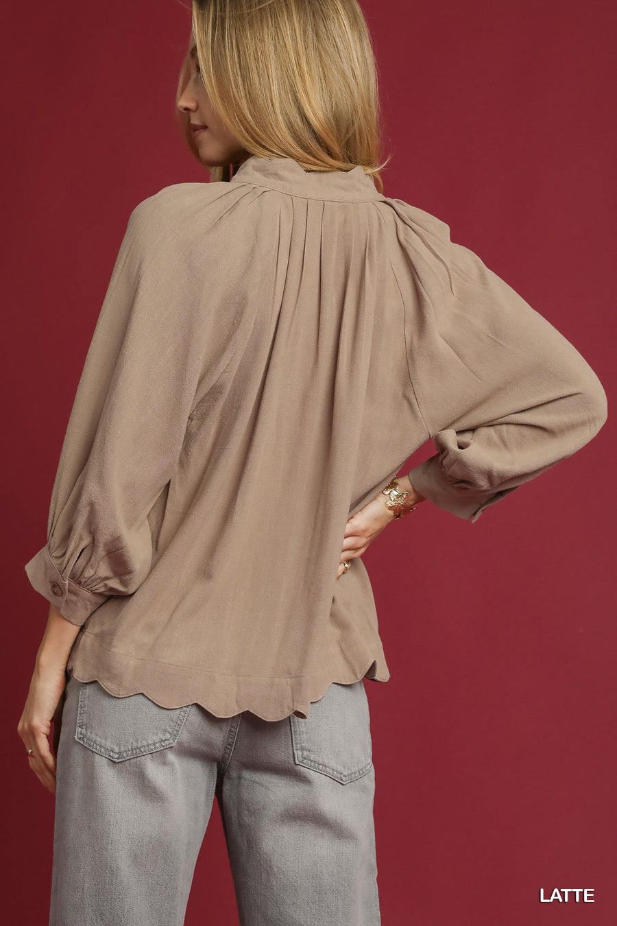LaRissa Puff Sleeve V-Neck Linen Blouse Top