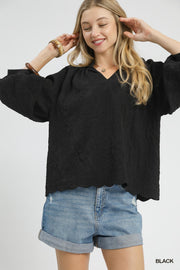 LaRosa Puff Sleeve V-Neck Floral Embossed Texture Blouse Top