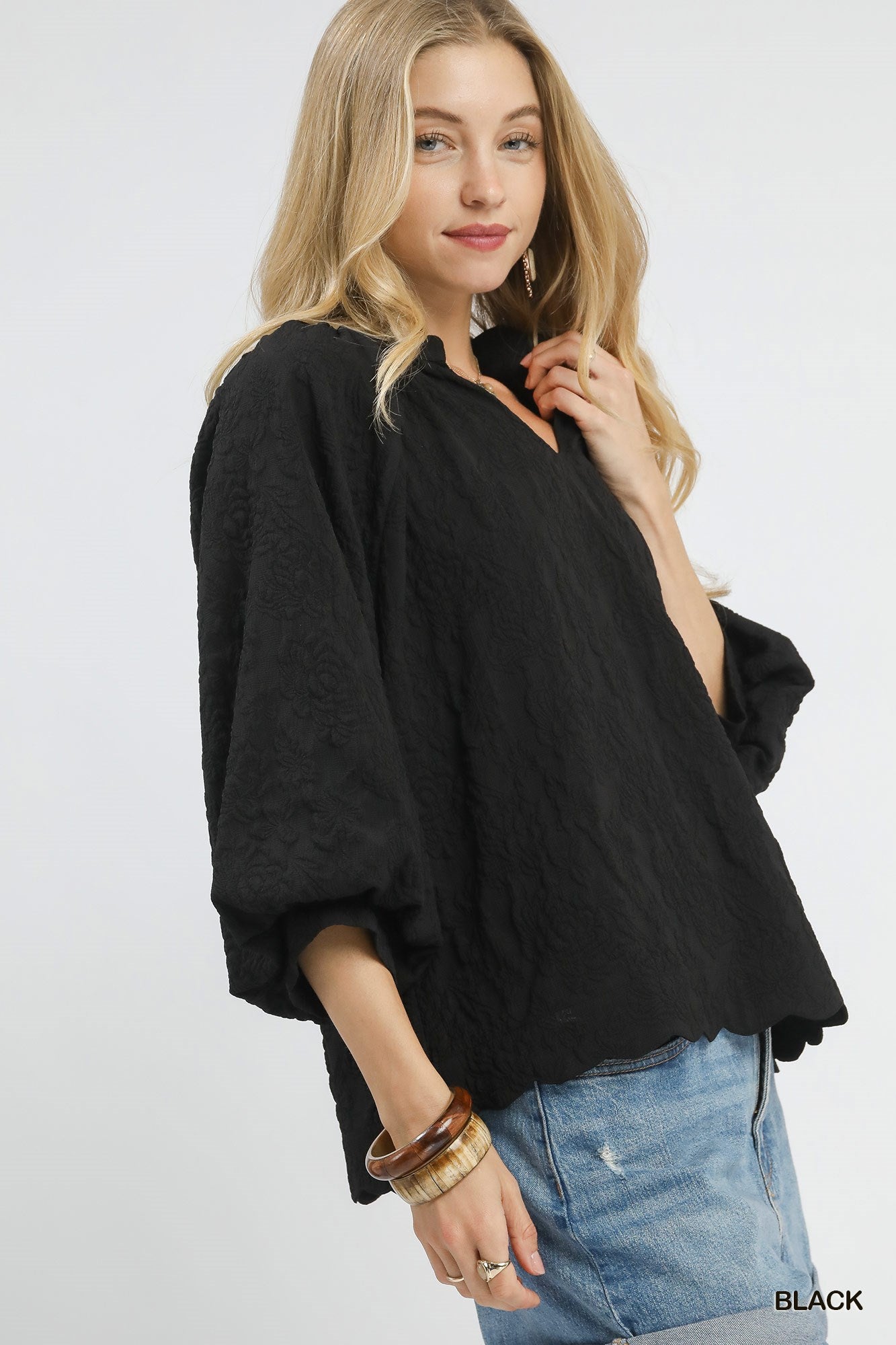 LaRosa Puff Sleeve V-Neck Floral Embossed Texture Blouse Top