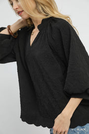 LaRosa Puff Sleeve V-Neck Floral Embossed Texture Blouse Top