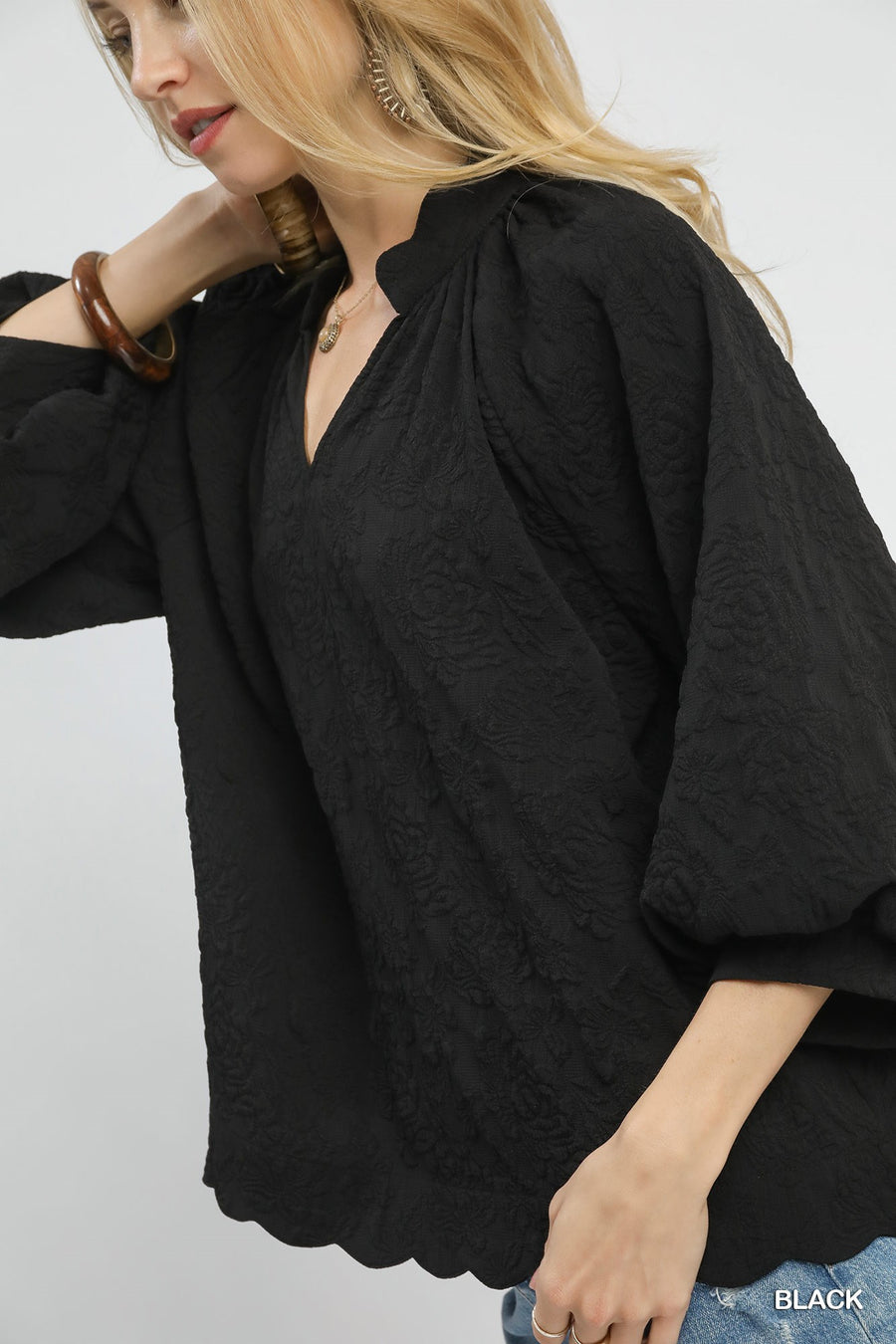 LaRosa Puff Sleeve V-Neck Floral Embossed Texture Blouse Top