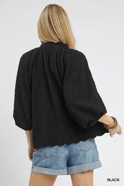 LaRosa Puff Sleeve V-Neck Floral Embossed Texture Blouse Top