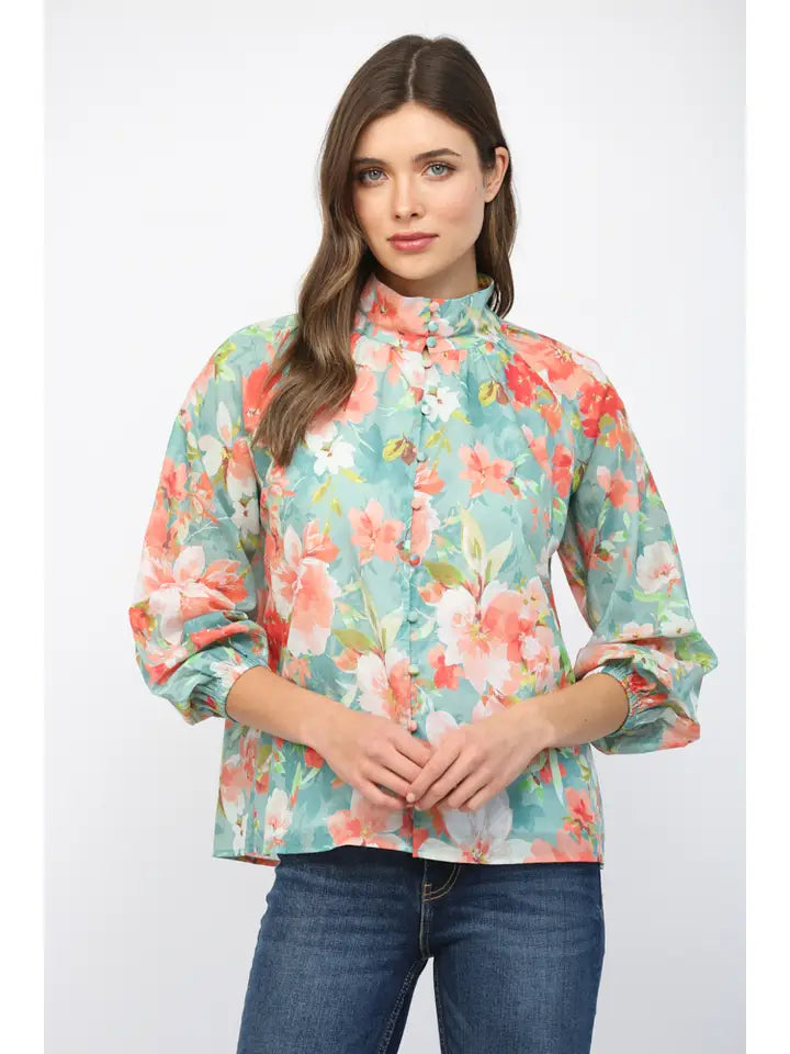 Evangelina Long Sleeve Button Front High Mock Neck Floral Print Blouse Top