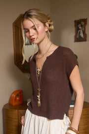 Alana Split Neck Cap Sleeve Ribbon Knit Pullover