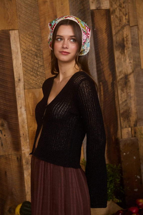 Indina Button Front Crochet Knit Bell Sleeve Cardigan