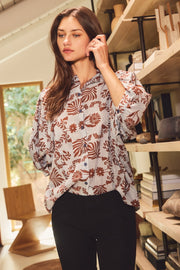 Annalee Ruffle Neckline Blouse with 3/4 Puff Sleeves