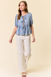 Mirella Chambray Puff Sleeve Bow-Tie Front Peplum Top