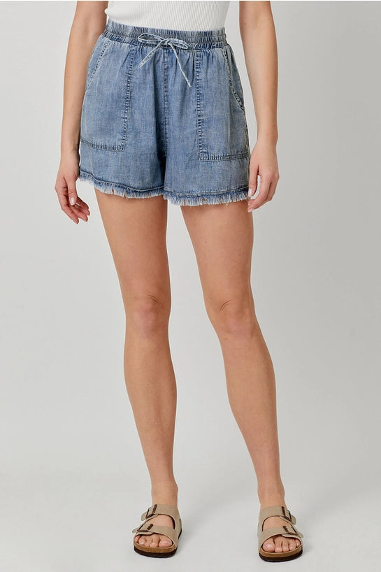 Trula Tencel Frayed Detail Washed Shorts-Denim