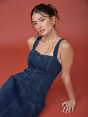 Delina Sweetheart Neckline Fitted Denim Midi Dress