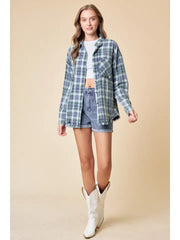 Sasha Washed Denim Plaid Button Down Shirt with Frayed Hem