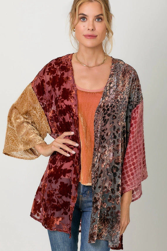 Adele Mixed Print Velvet Burn Out Wrap Kimono