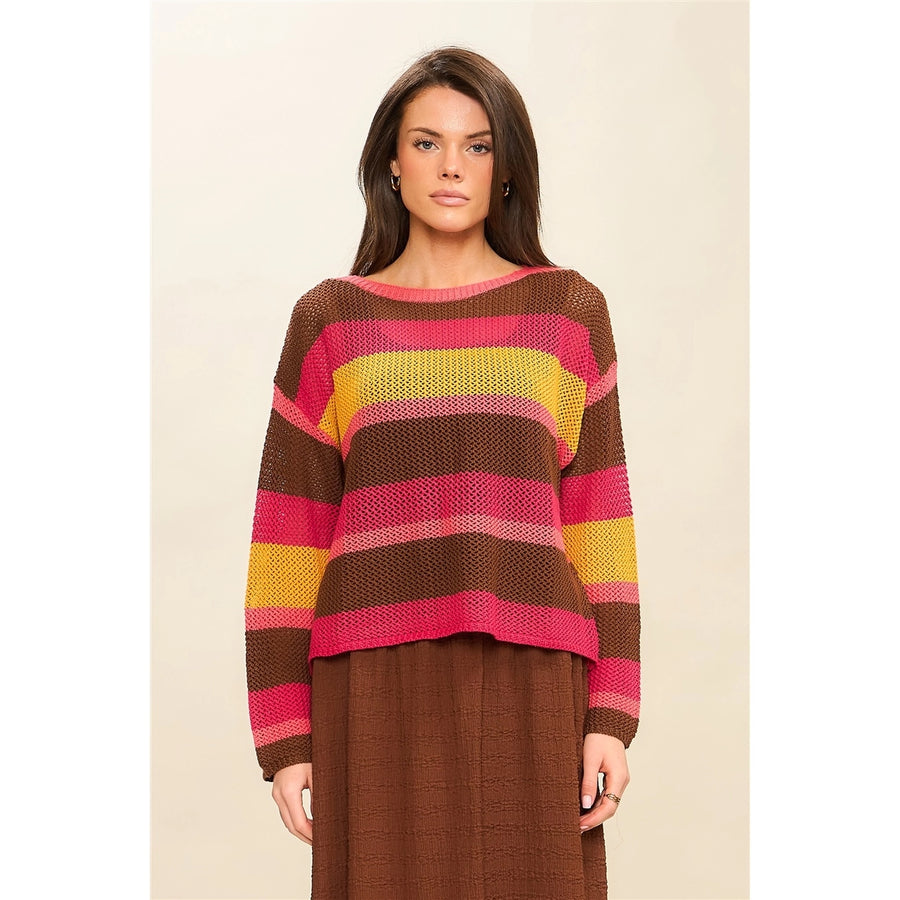 Marsha Open Knit Fuchsia Stripe Pullover Sweater