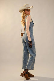Hold Your Horses Western Embroidered & Studded Denim Overall Jumpsuit
