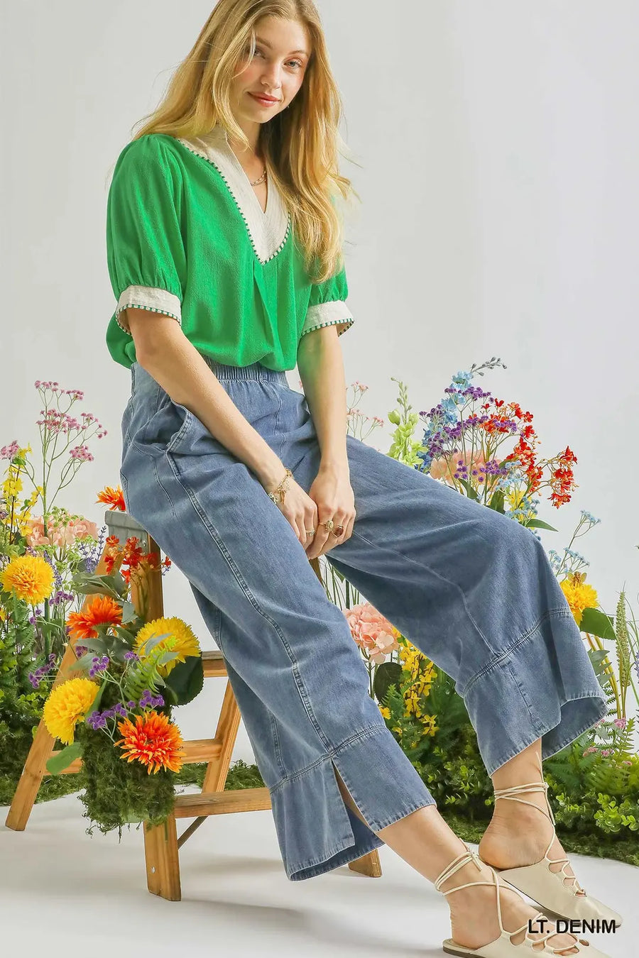 Julie Stone Wash Denim Wide Leg Pants