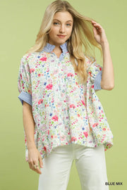 Flower Fields Floral Print Top with Stripe Accents