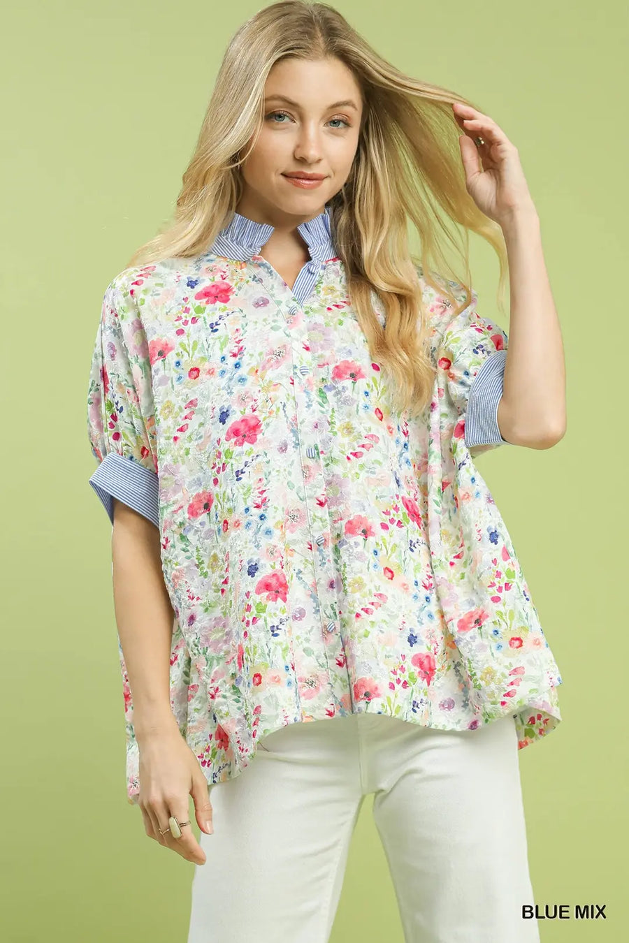 Flower Fields Floral Print Top with Stripe Accents