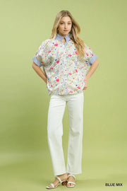 Flower Fields Floral Print Top with Stripe Accents