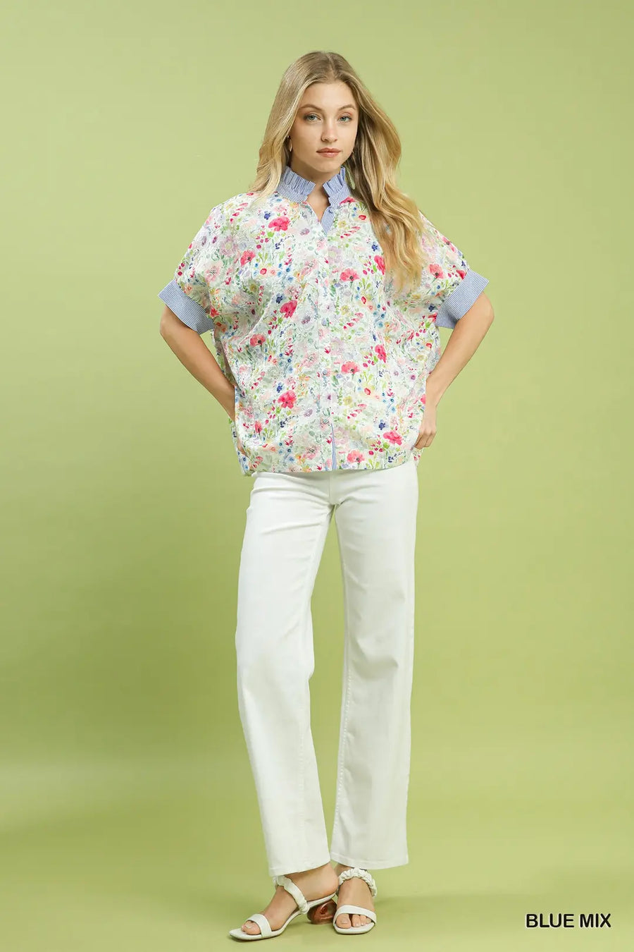 Flower Fields Floral Print Top with Stripe Accents