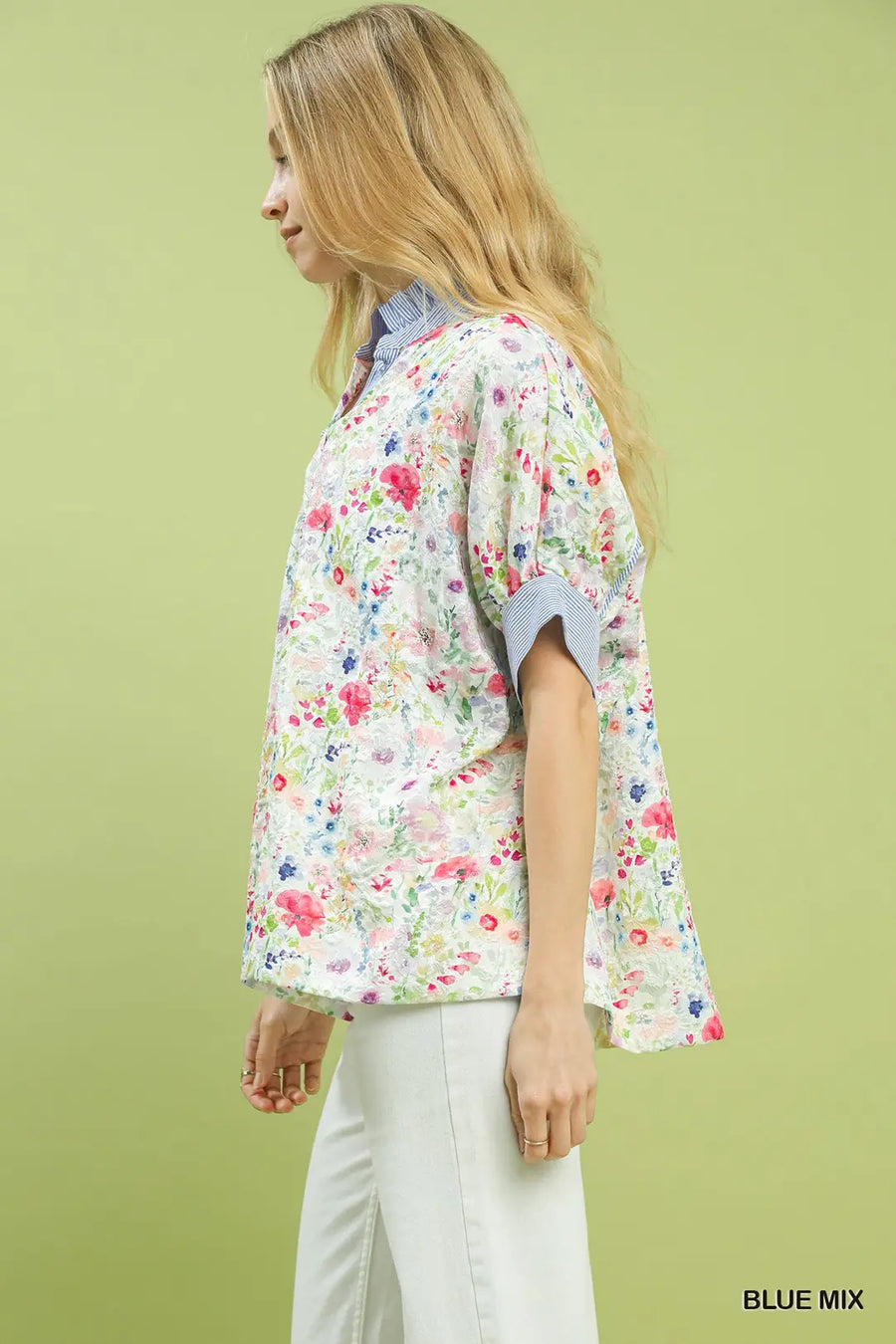 Flower Fields Floral Print Top with Stripe Accents
