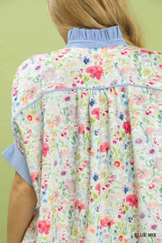 Flower Fields Floral Print Top with Stripe Accents
