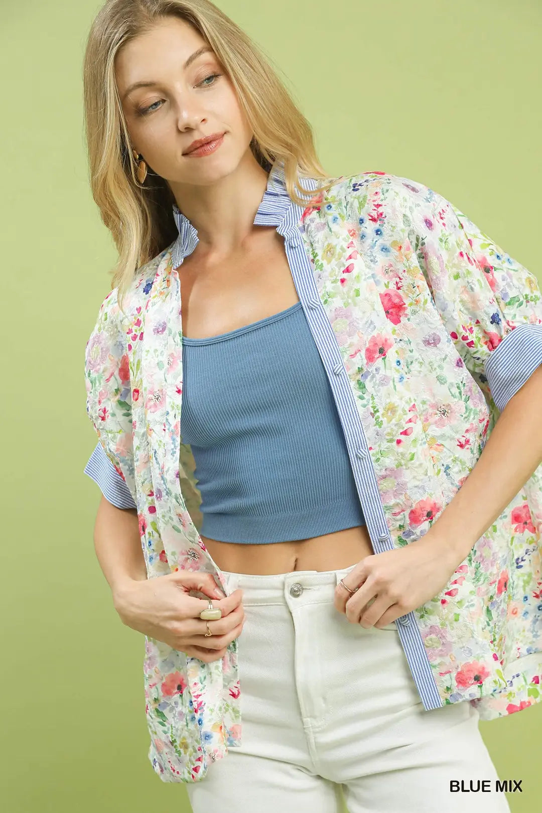 Flower Fields Floral Print Top with Stripe Accents