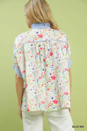 Flower Fields Floral Print Top with Stripe Accents