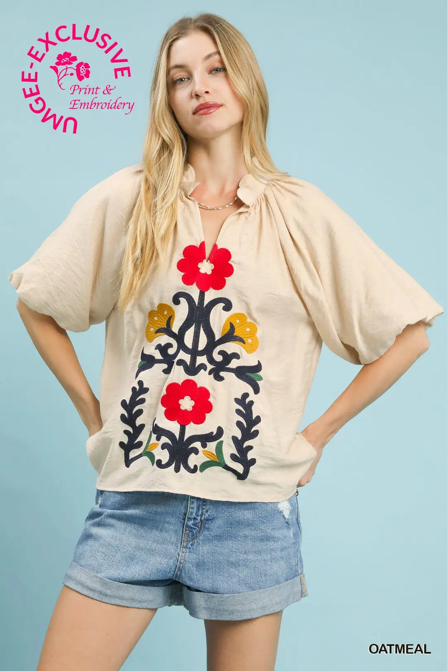 Madrid Puff Sleeve Fiesta Folk Art Embroidered Blouse Top