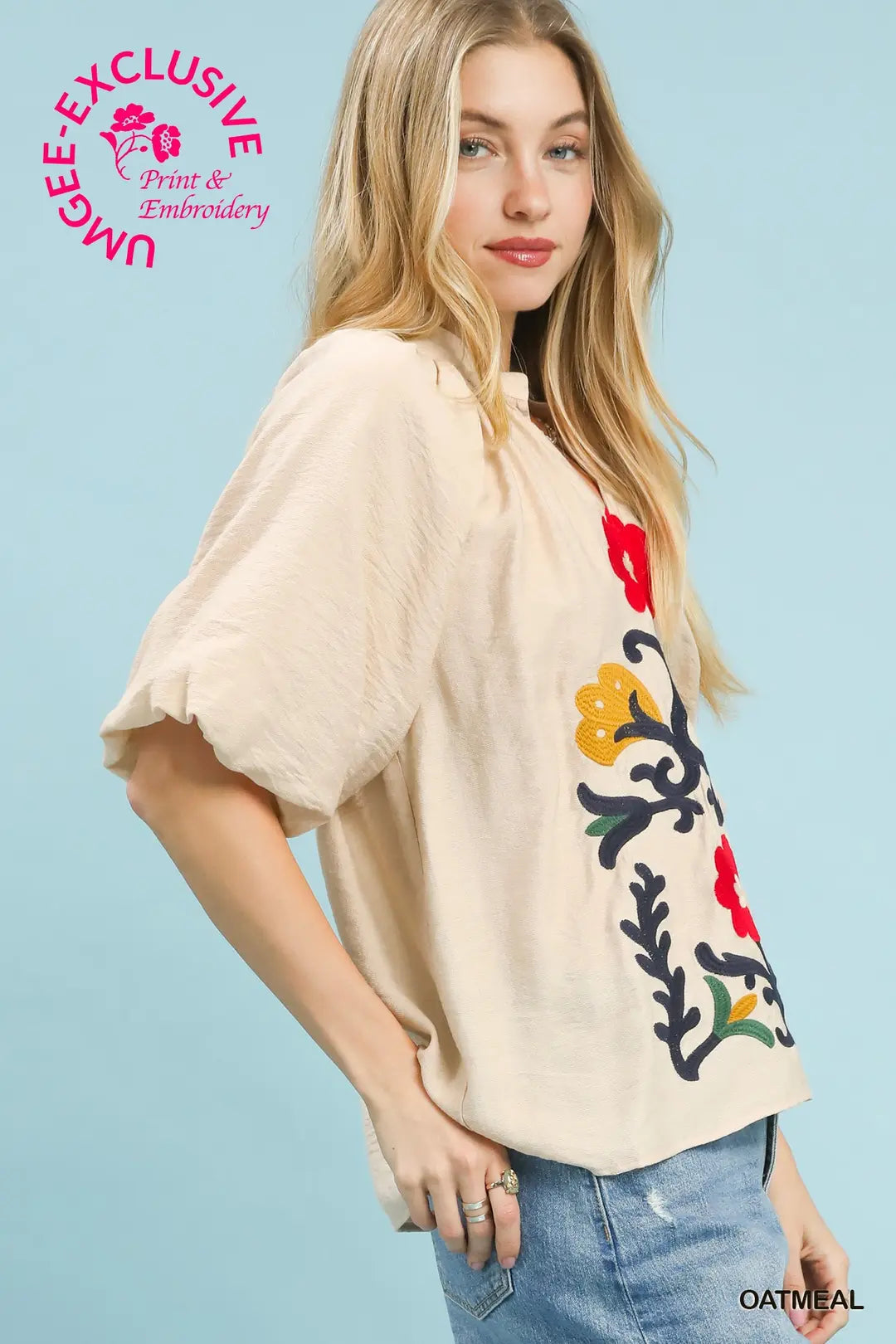 Madrid Puff Sleeve Fiesta Folk Art Embroidered Blouse Top