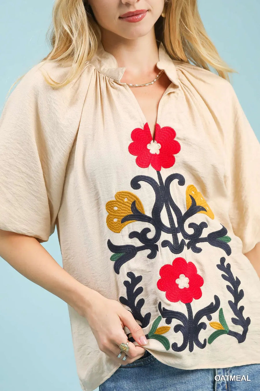 Madrid Puff Sleeve Fiesta Folk Art Embroidered Blouse Top
