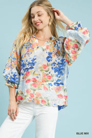 Watercolor Garden Puff Sleeve V-Neck Floral Print Blouse Top
