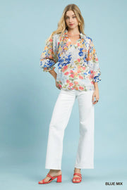 Watercolor Garden Puff Sleeve V-Neck Floral Print Blouse Top