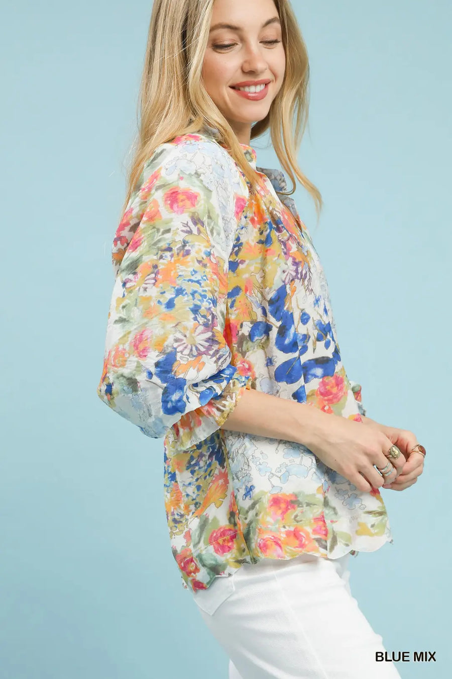 Watercolor Garden Puff Sleeve V-Neck Floral Print Blouse Top