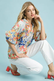 Watercolor Garden Puff Sleeve V-Neck Floral Print Blouse Top